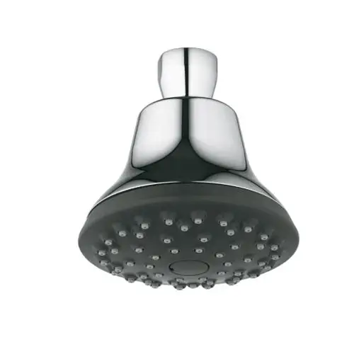 Glänzende Brause von Kludi mit runder Form und mehreren Düsen, montiert an einem kurzen Halter. Ideal für die Befestigung in einer Dusche.